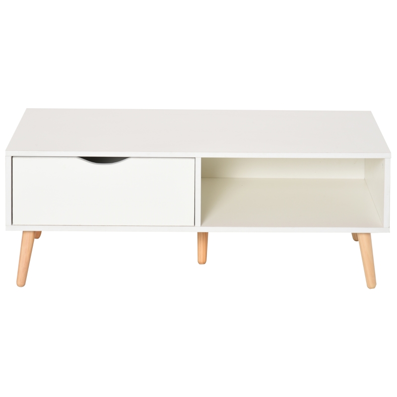 HOMCOM Table Basse rectangulaire Design scandinave Grande Niche et tiroir Coulissant Bois Massif pin Panneaux Particules Blanc