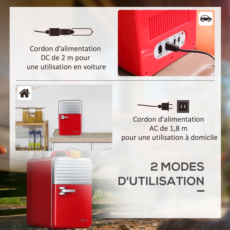 Outsunny Mini réfrigérateur 6L 8 canettes 330ml AC 240V DC 12V petit réfrigérateur portable refroidit et réchauffe