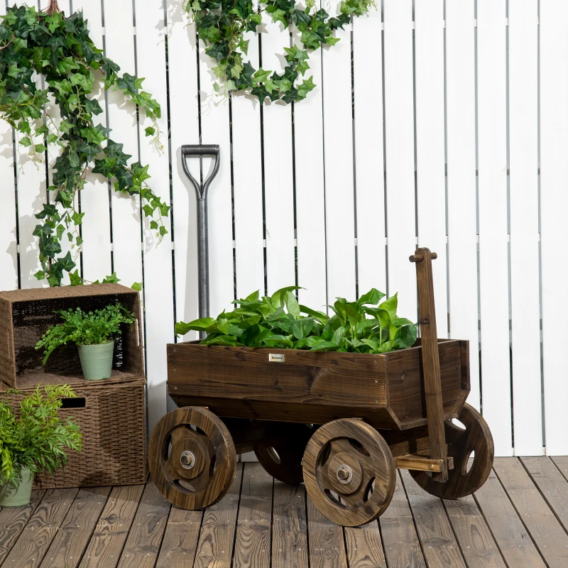 Outsunny jardinière design charrette avec 4 roues et poignée - carré Potager dim. 93L x 55l x 137H cm - Bois Sapin
