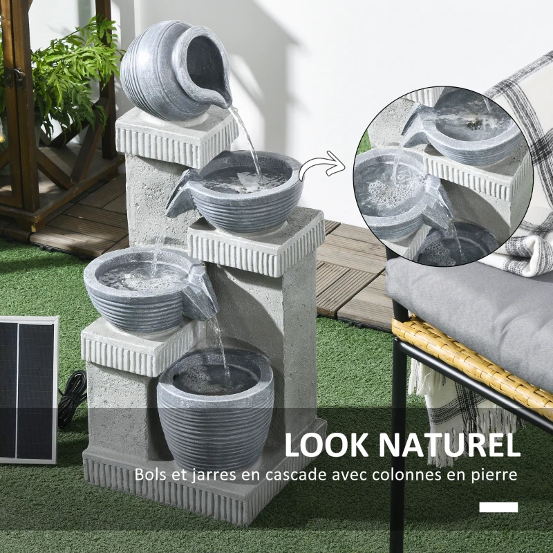 Fontaine de jardin Outsunny à énergie solaire fontaine à cascade en résine à 4 niveaux avec lumières LED et pompe gris