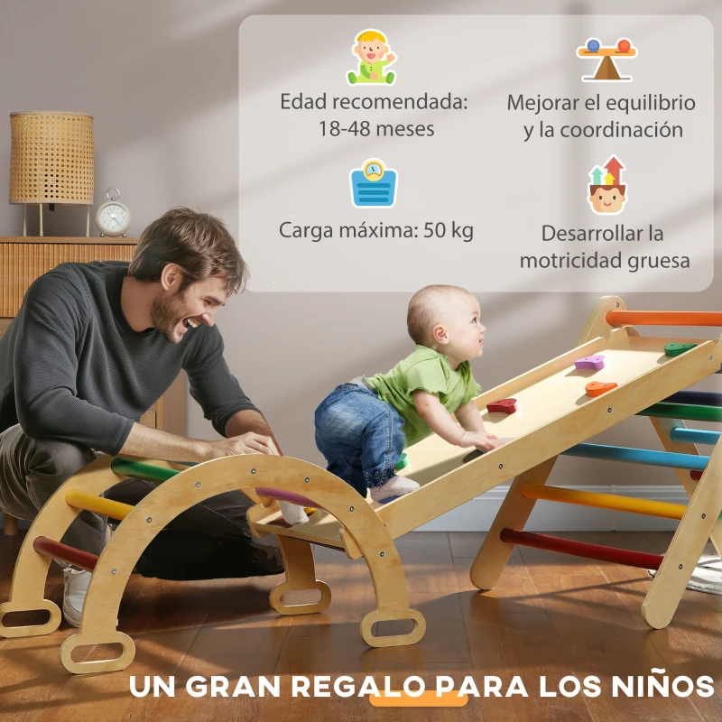 AIYAPLAY Triángulo de Escalada de Madera 5 en 1 con Rampa Escalador de Arco 178x64,5x63 cm Multicolor(m-8)