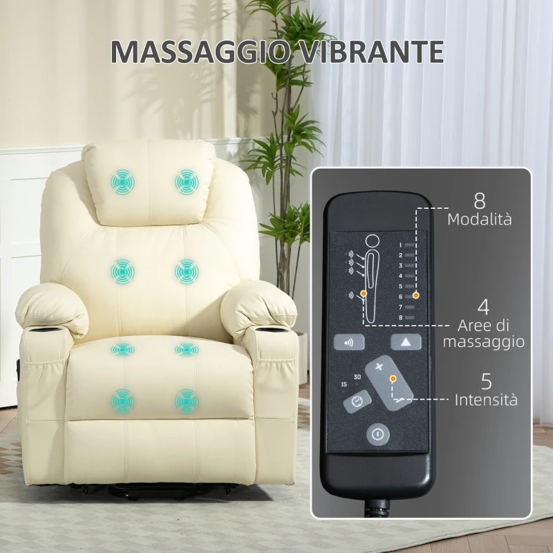 HOMCOM Poltrona Alzapersona Reclinabile fino a 135° con 8 Punti Massaggio, Telecomando e Poggiapiedi, 88x92x106 cm, Crema