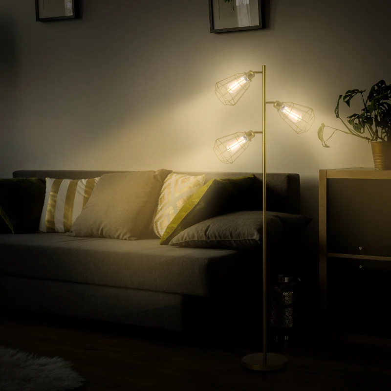 HOMCOM Retro Practical Tree Floor Lamp 3 Angle Adjustable Lampshade Steel Base for Living Room Bedroom Office Gold 165cm