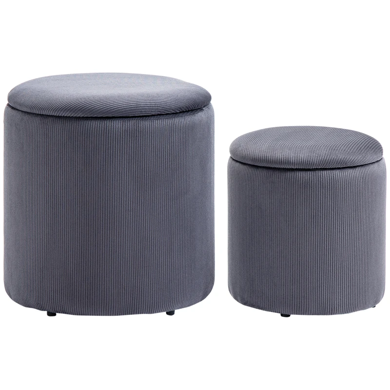 HOMCOM Set of 2 Round Ottoman with Storage, Fabric Vanity Stool for Makeup, Footrest Stool with Removable Lid for Living Room & Bedroom, Grey