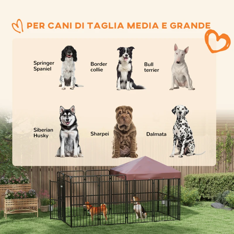 PawHut Recinto per Cani da Esterno in Metallo con Tetto, 282x141x160.5cm, Marrone