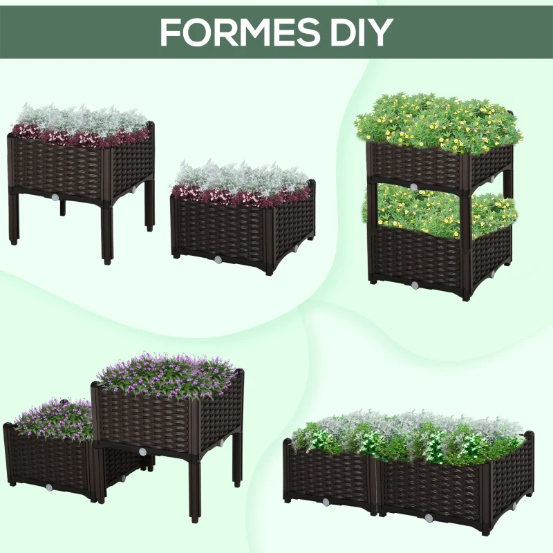 Outsunny Jardinière sur Pieds carré Potager 2 étages dim. 80L x 40l x 44H cm Insert d'irrigation Plastique Chocolat