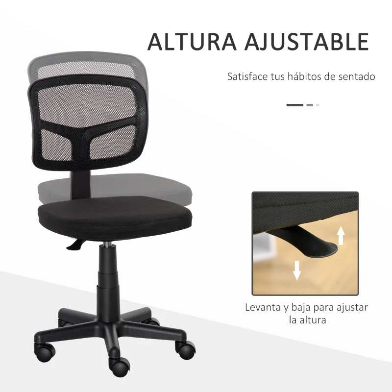Vinsetto Silla de Oficina Ergonómica de Malla Silla de Escritorio Giratoria 360° con Altura Ajustable Soporte Lumbar Transpirable y Ruedas Sin Brazos 43x48x77,5-89,5 cm Negro