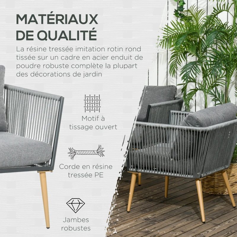 Outsunny Salon de Jardin en résine tressée 4 places avec 1 canapé 2 fauteuils et 1 table basse 7 coussins inclus gris
