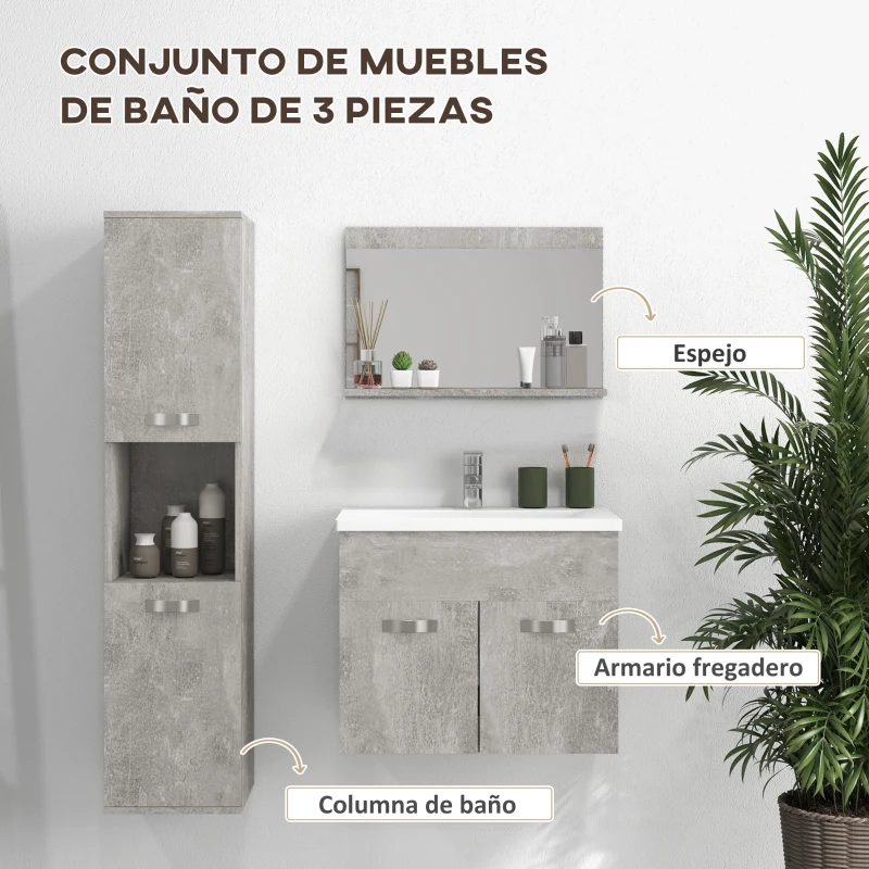 kleankin Conjunto de Muebles de Baño de Pared 3 Piezas Incluye Espejo Armario con Lavabo Cerámico y Columna Auxiliar de Baño Gris