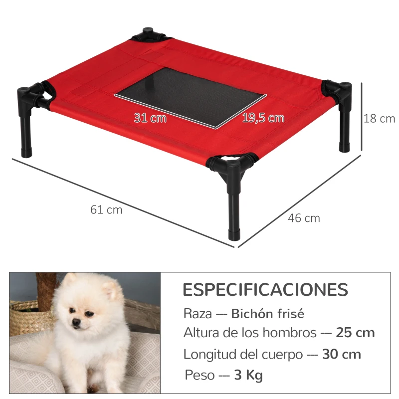 PawHut Cama Elevada para Perros Gatos Portátil Cama para Mascotas con Zona de Malla Transpirable y Tela Oxford para Interior Exterior 61x46x18 cm Rojo