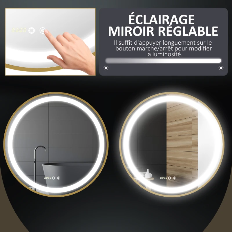 kleankin Miroir rond lumineux LED avec 3 couleurs de température, interrupteur tactile, affichage de l'heure, fonction mémoire