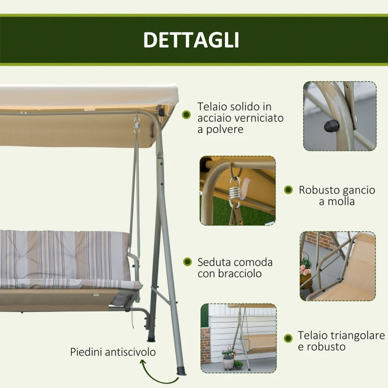 Outsunny Dondolo da Giardino 3 Posti in Acciaio con Tetto Regolabile, Cuscini e Braccioli, 172x110x156cm