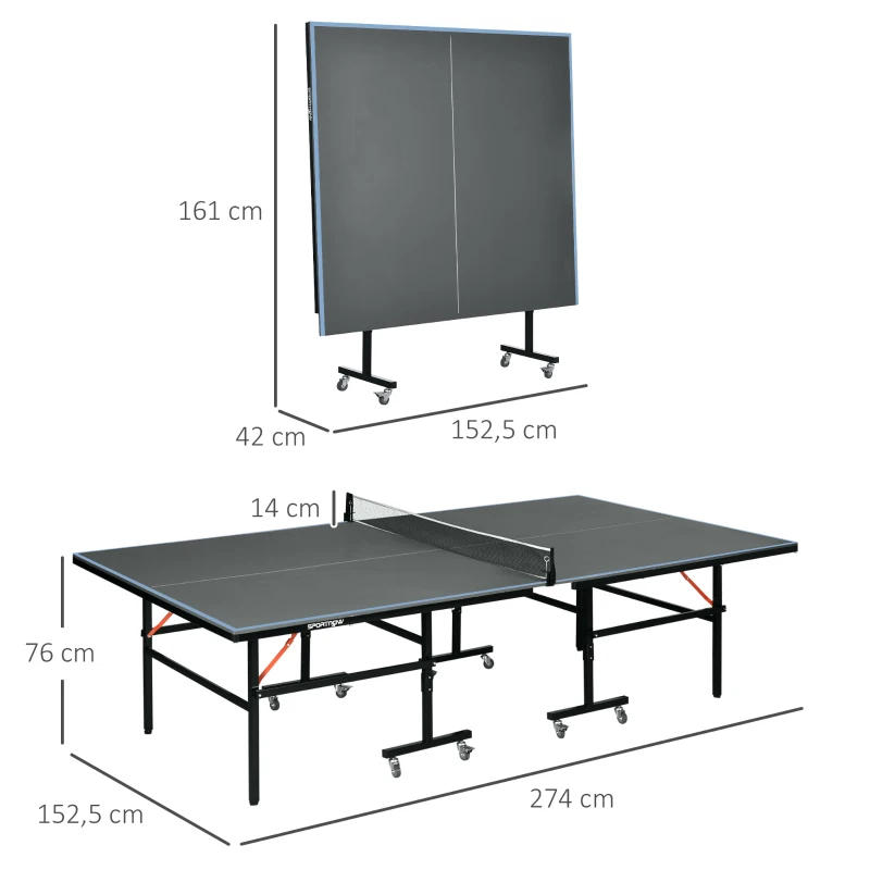 SPORTNOW Table de tennis de table pliable compacte avec 8 roulettes pour intérieur et extérieur 274 x 152,5 x 76 cm gris
