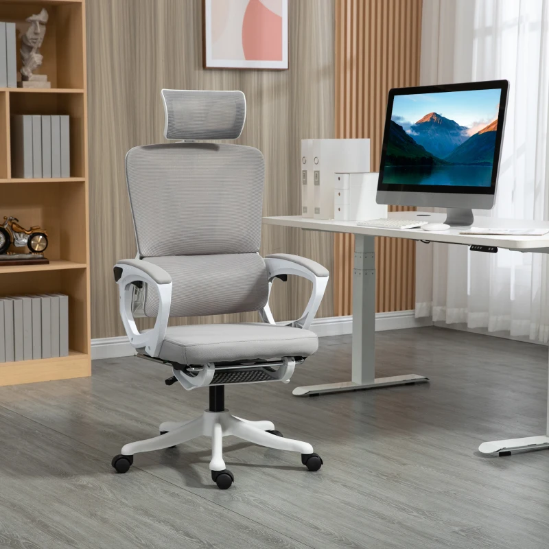 Vinsetto Fauteuil de bureau dossier réglable repose-pied appui-tête réglable soutien lombaire tissu en maille blanc et gris