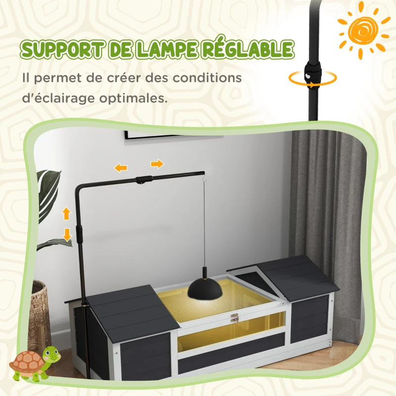 PawHut Maison tortue terrestre extérieure enclos tortue 2 niches support de lampe réglable bois massif 120 x 56,5 x 43 cm gris
