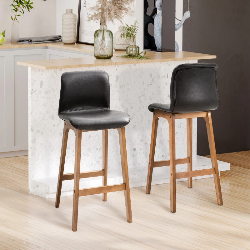 HOMCOM Modern Bar Stools Set of 2, PU Leather Upholstered Bar Chairs with Wooden Frame, Footrest for Home Bar, Dining Room