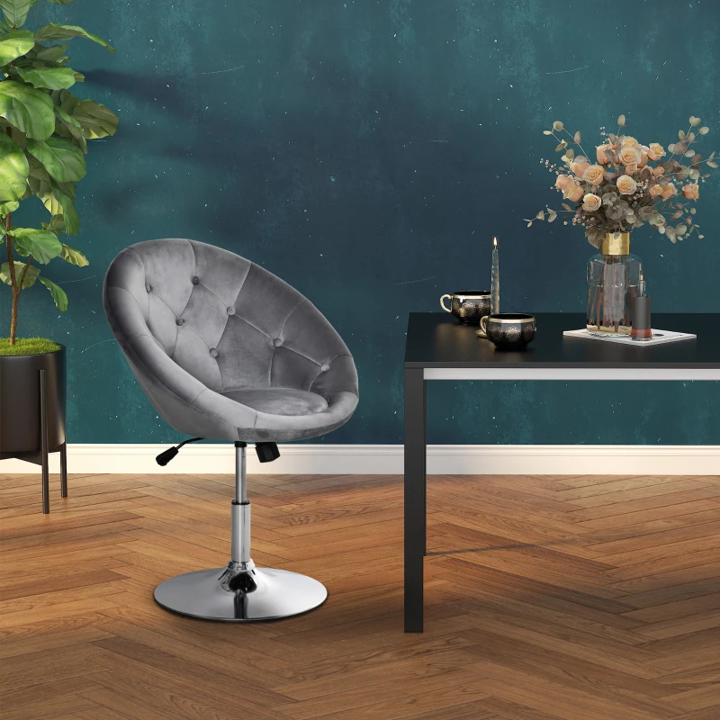 HOMCOM Swivel Dressing Stool, Velvet-feel Upholstered Vanity Chair, Adjustable Height Tub Makeup Chair with Button Tufting and Thick Padding for Bedroom, Grey