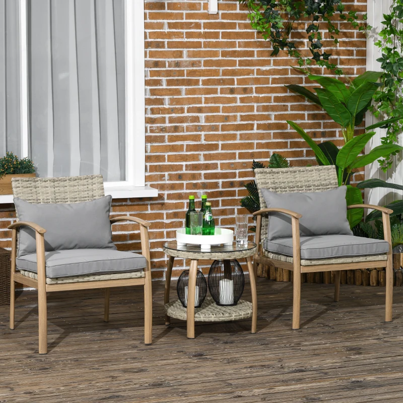 Outsunny Salotto da Giardino in Rattan con 2 Poltroncine con Cuscini e Tavolino in Vetro, Marrone e Grigio