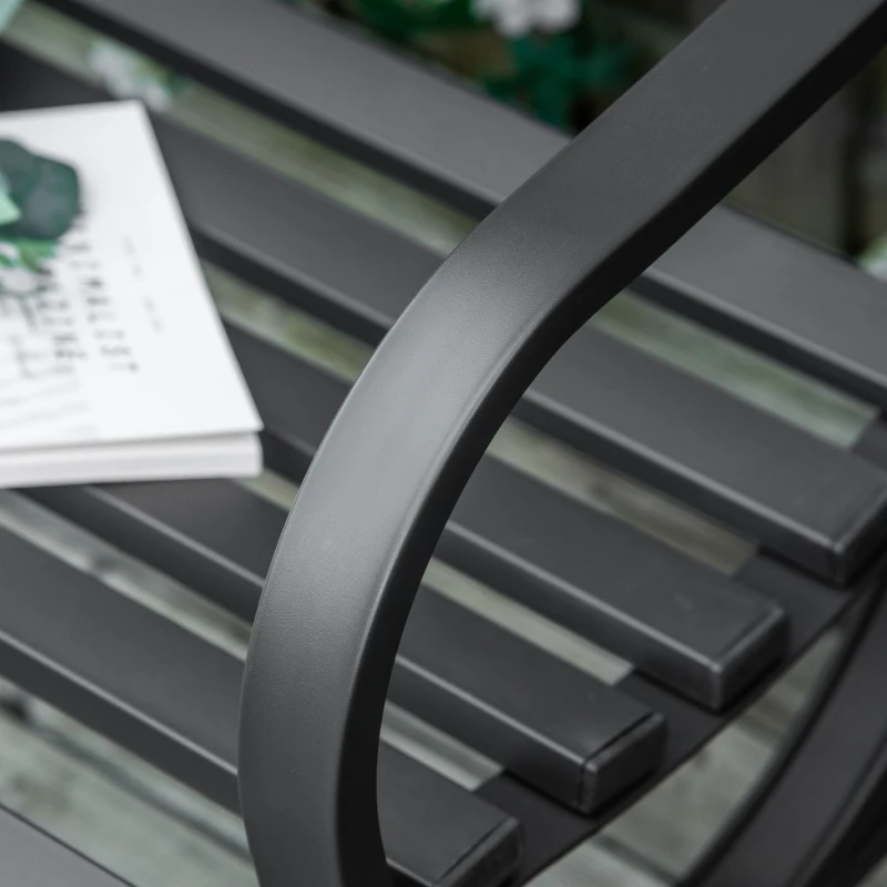 Outsunny Banc de jardin 2 places banquette extérieur terrasse patio dossier incliné assise à lattes accoudoirs confortables châssis acier fonte 128 x 58,5 x 85 cm noir