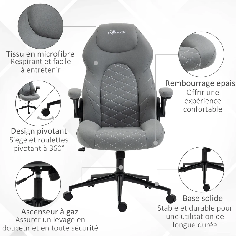 Vinsetto Fauteuil de bureau à roulettes chaise manager ergonomique pivotante hauteur réglable accoudoirs relevables gris