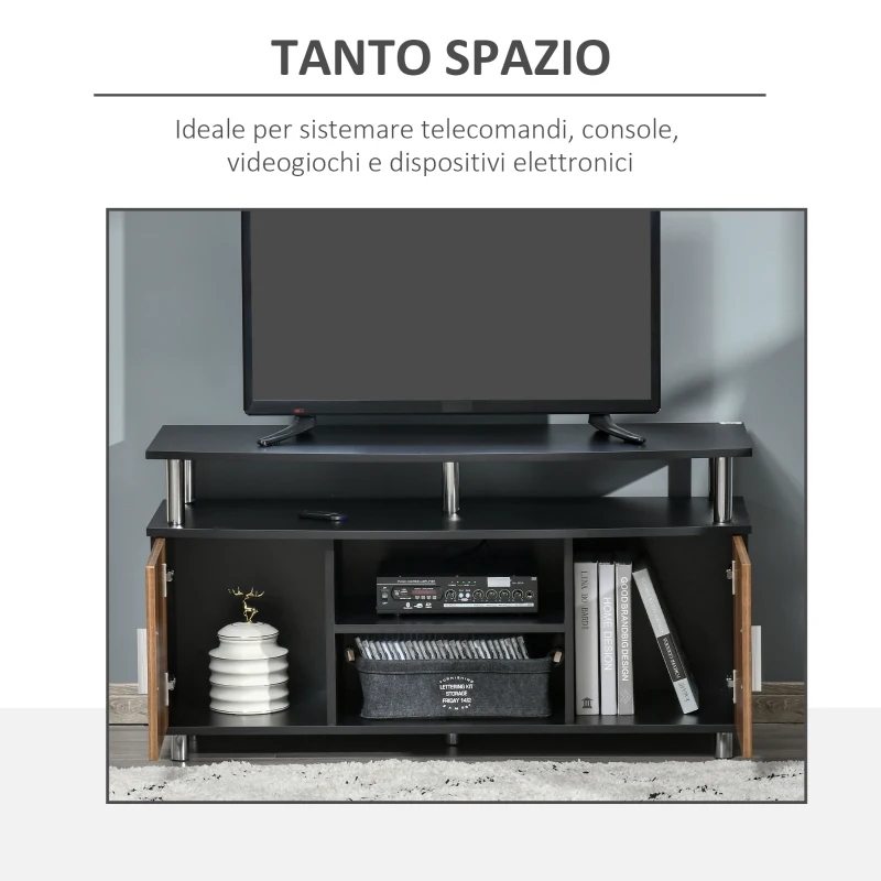 HOMCOM Mobile TV Moderno con 2 Ripiani, Fori Passacavi e 2 Armadietti in MDF 105x40x55cm - Nero e Marrone