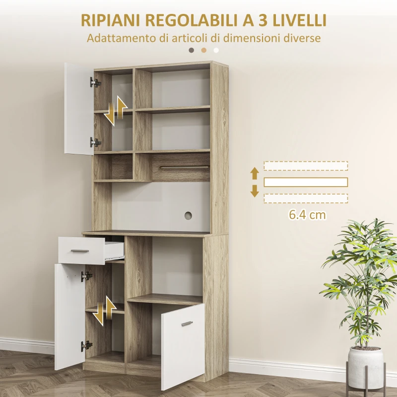 HOMCOM Mobile Dispensa in Legno con Cassetto, 3 Armadietti e 4 Ripiani Aperti, 80x35x180 cm, Bianco