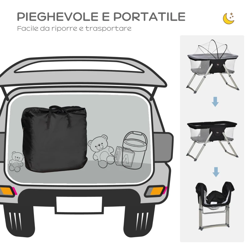 HOMCOM Culla da Campeggio 2 in 1 Pieghevole con Lettino a Dondolo e Zanzariera Età 0-6 Mesi, 59x55x67-69 cm, Nero