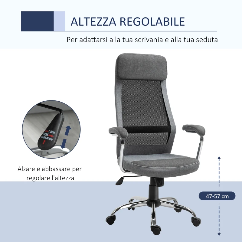 Vinsetto Sedia da Ufficio Ergonomica Girevole, Altezza Regolabile e Dondolamento, Poltrona in Tessuto a Rete 65x67x119-129cm Grigio