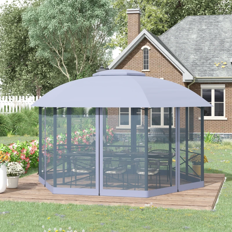 Outsunny 4 x 4.7(m) Patio Metal Gazebo Canopy, Hexagon Shape Garden Gazebo, Outdoor Sun Shade Shelter with 2 Tier Roof, Netting, Steel Frame, Grey