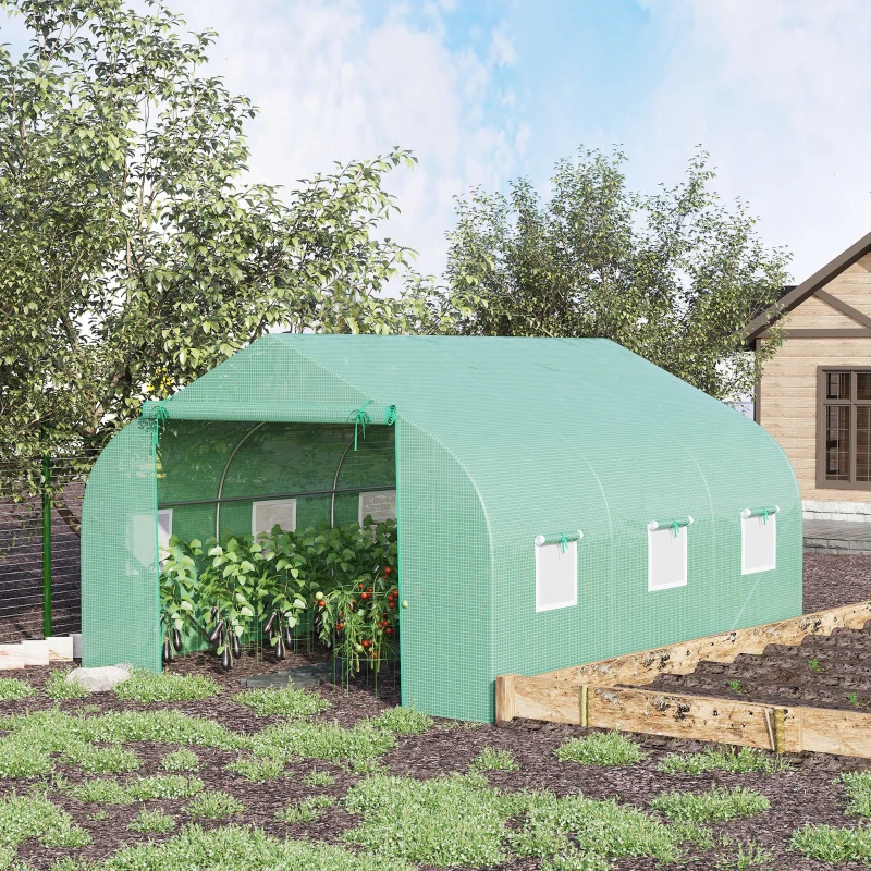 Outsunny Serra da Giardino 3.5 x 3 x 2m con Tetto Spiovente in PE, Porta e 6 Finestre, Verde