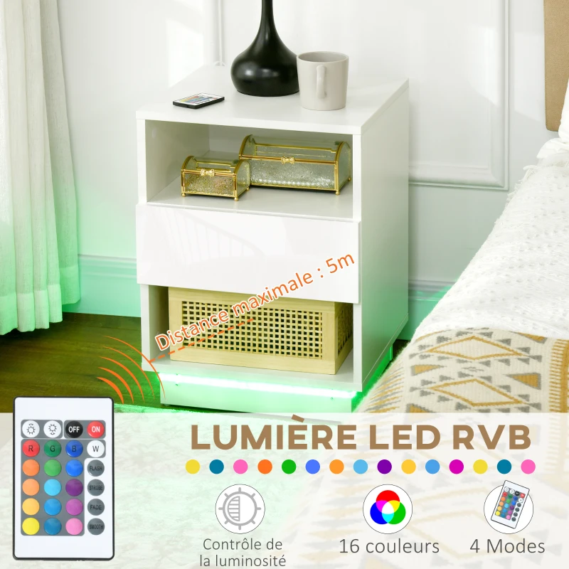 HOMCOM Table de chevet table de nuit LED tiroir niches plateau 40 x 40 x 55 cm blanc brillant laqué
