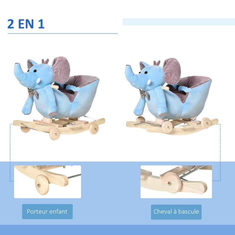 HOMCOM Cheval à Bascule Jouet à Bascule éléphant et Porteur sur roulettes 2 en 1 Fonction Musicale 32 Pistes Ceinture sécurité