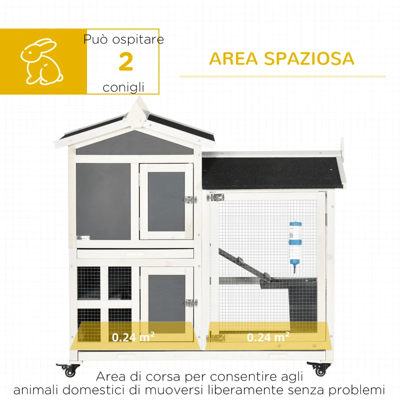 PawHut Conigliera da Esterno per 2 Conigli in Legno con Vassoio Estraibile e Area di Corsa, 110x60x104 cm