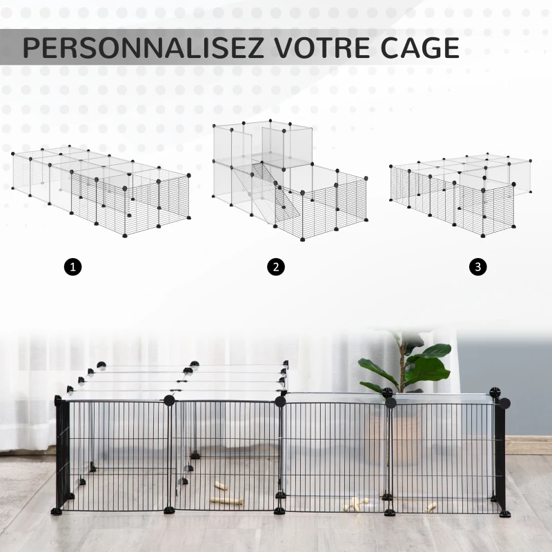 PawHut Enclos pour petits animaux design DIY cage modulable pour cochon d'Inde lapin chinchillas petits animaux domestiques 27 panneaux noir