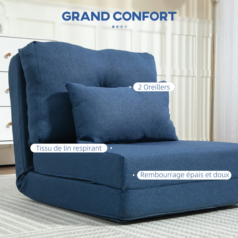 HOMCOM Chauffeuse canapé-lit convertible fauteuil 1 place avec 1 coussin avec dossier réglable, bleu foncé