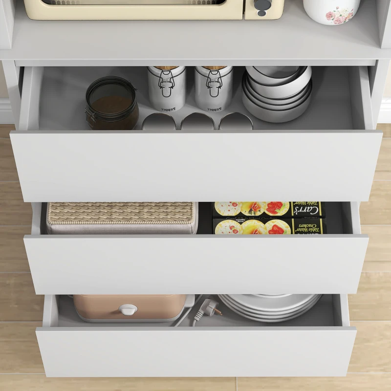 HOMCOM Buffet de cuisine meuble de rangement placard 2 portes 3 tiroirs et niche centrale dim. 68L x 38l x 172H cm MDF blanc(m-10)