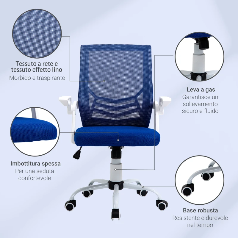 Vinsetto Sedia da Ufficio Ergonomica con Supporto Lombare, Braccioli Pieghevoli, Sedia da Scrivania Girevole in Rete Traspirante con Schienale Reclinabile e Altezza Regolabile, Capacità 120kg, Blu