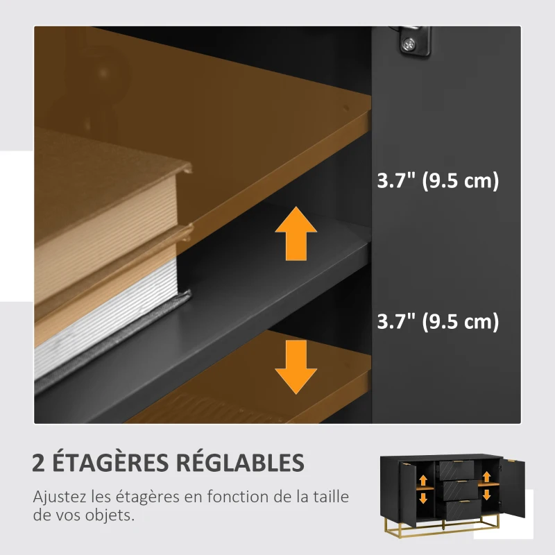 HOMCOM Buffet design contemporain graphique 2 placards porte étagères réglables 3 tiroirs coulissants en bois noir métal doré