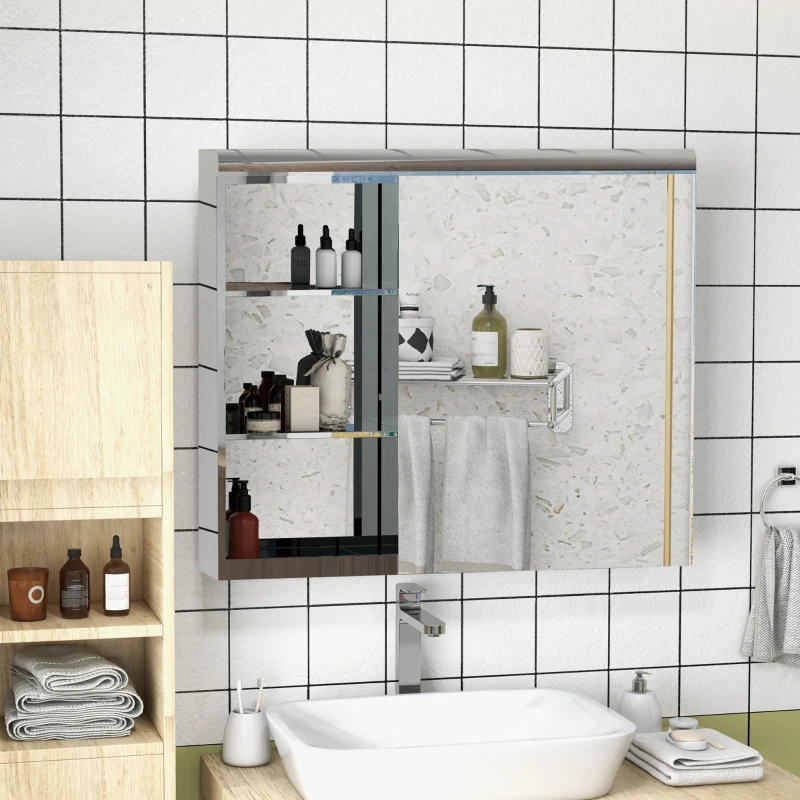 HOMCOM Armoire murale de salle de bain miroir placard de rangement 1 porte 3 niveaux étagère réglable 70 x 13 x 60 cm