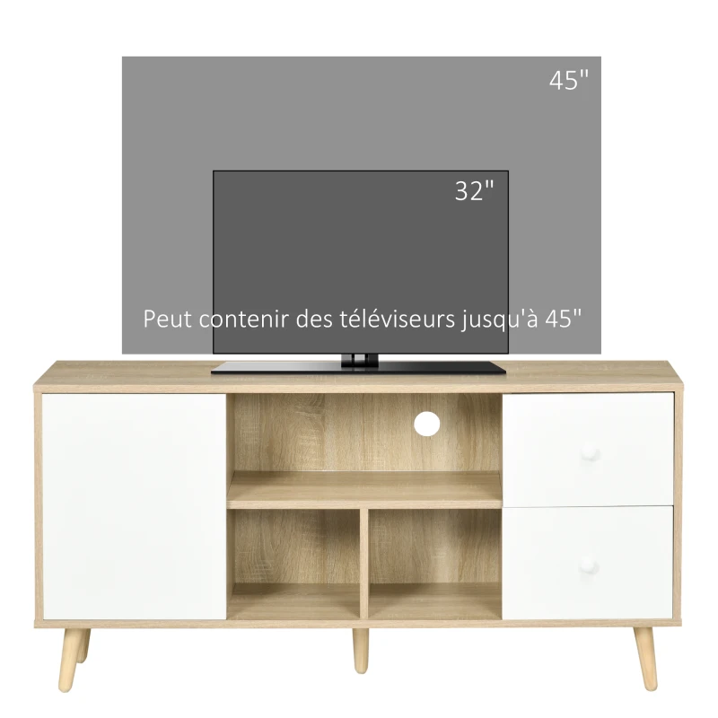 HOMCOM Meuble TV pour télévision jusqu'à 45 pouces pieds en bois massif style scandinave 3 niches 1 placard 120 x 30 x 60 cm