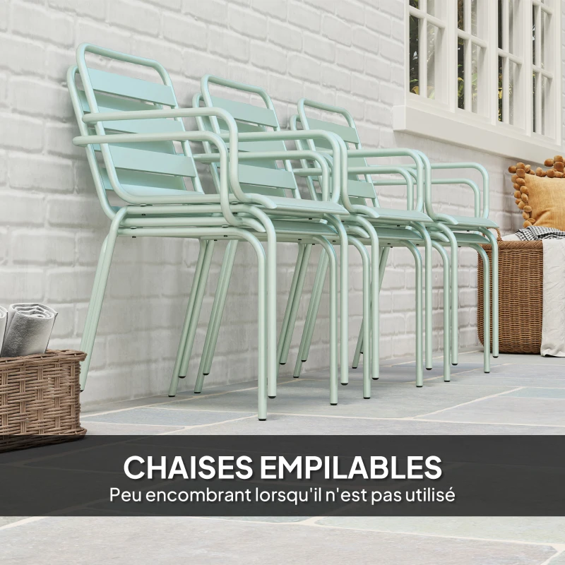 Outsunny Salon de jardin ensemble salle à manger de jardin 7 pièces avec 1 table et 6 chaises empilables en acier vert clair