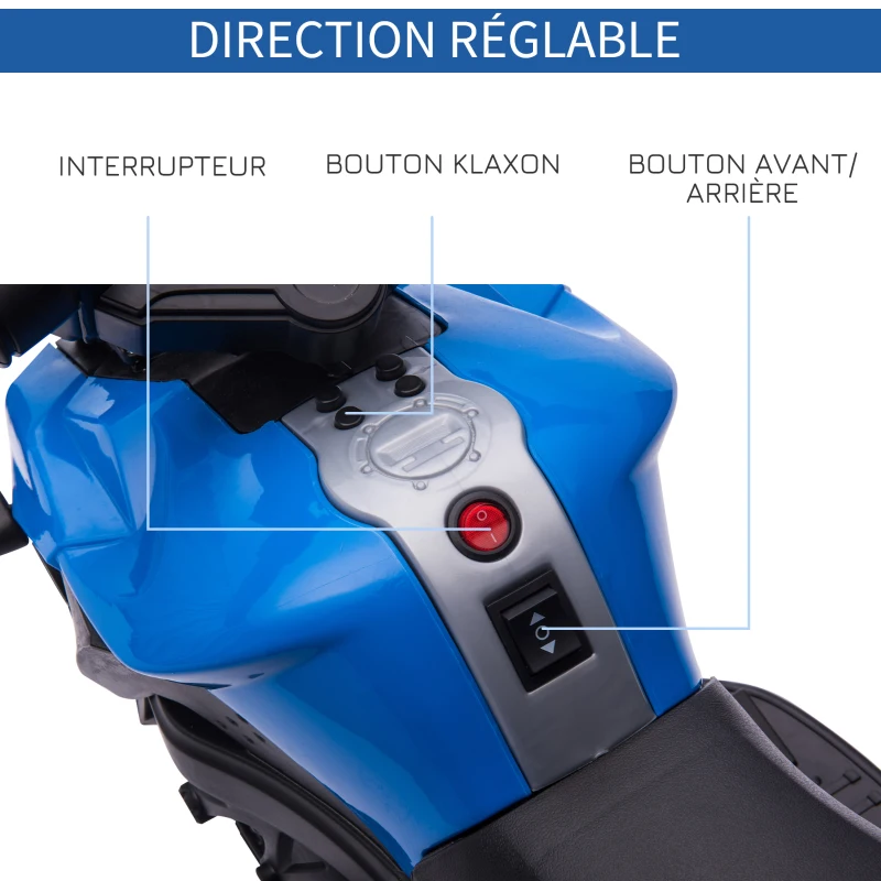 HOMCOM Moto électrique Enfant 6 V 3 Km/h Effet Lumineux et sonore roulettes Amovibles Repose-Pied valises latérales métal PP Bleu Noir(m-6)