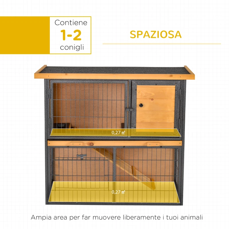 PawHut Gabbia per Conigli con Rampa e Area Aperta, Conigliera in Legno e Metallo su 2 Livelli, Giallo Chiaro, 89.5x45x81cm