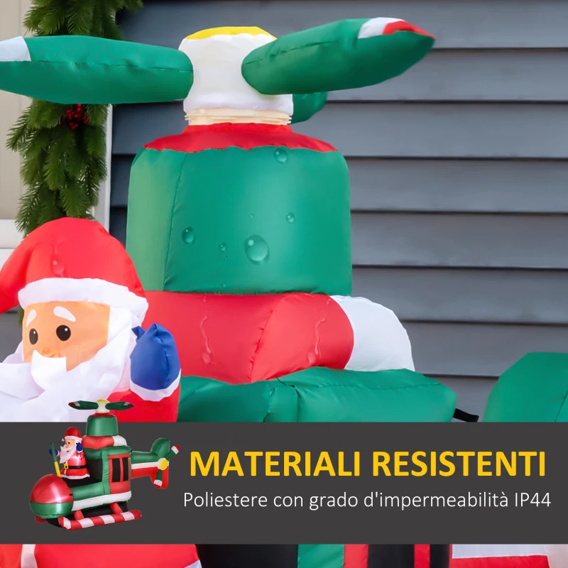 HOMCOM Babbo Natale Gonfiabile su Elicottero 107cm con 4 Luci LED e Gonfiatore, Decorazione Natalizia da Esterno