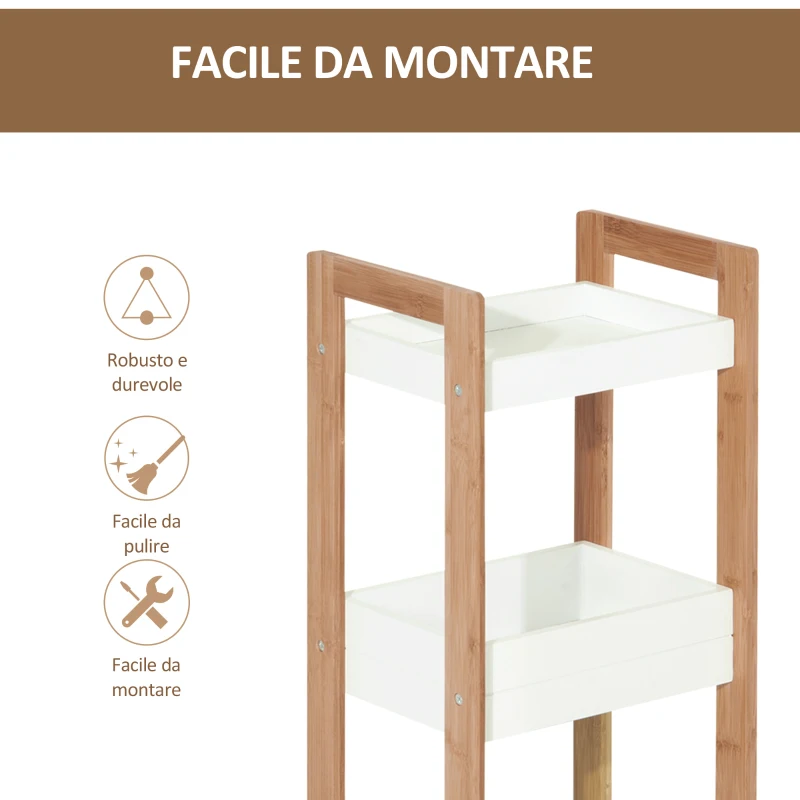 HOMCOM Mobiletto Bagno Multiuso, Scaffale da Bagno a 3 Ripiani Compatto in Legno MDF e Bambù, Bianco, 27.5x20.8x74cm
