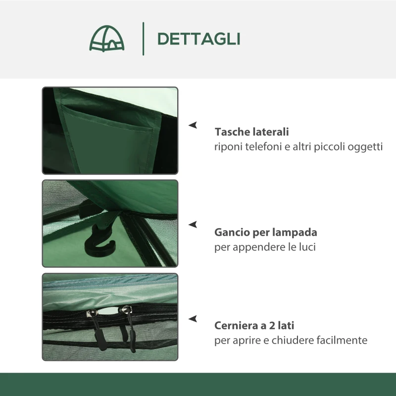 Outsunny Tenda da Campeggio 2 Posti con Porta a Cerniera, Zanzariera e Sacca di Trasporto, 206x185x120cm, Verde