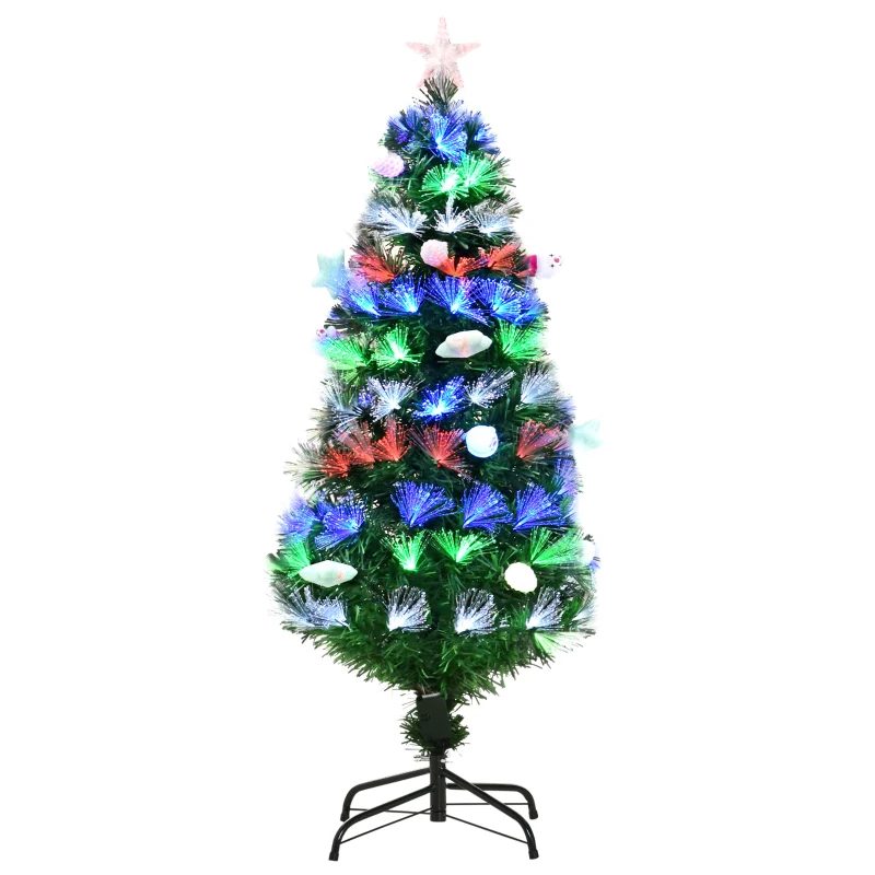 HOMCOM 4FT Pre-Lit Artificial Christmas Tree w/ Fibre Optic Baubles Fitted Star LED Light Holiday Home Xmas Decoration-Green