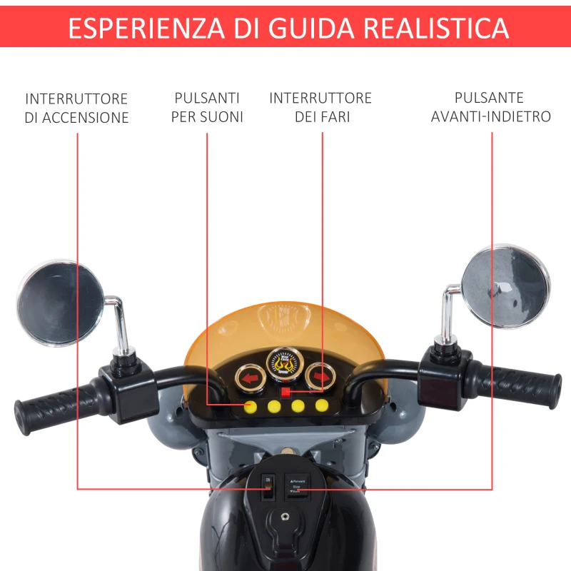 HOMCOM Mini Moto Elettrica per Bambini da 37-72 Mesi 3 Ruote Batteria 6V PP Ferro, Velocità 2.5KM/h, 92×53×67cm