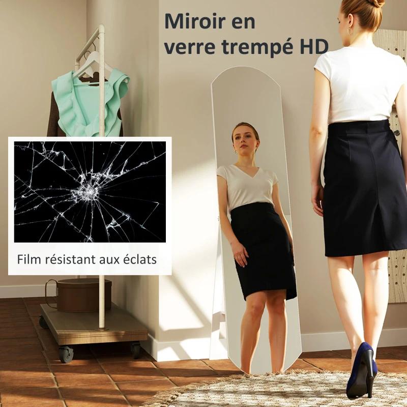 HOMCOM Miroir complet arqué 35 x 150 cm avec étagère, montage mural ou sur pied pour salle de bain, chambre à coucher, blanc