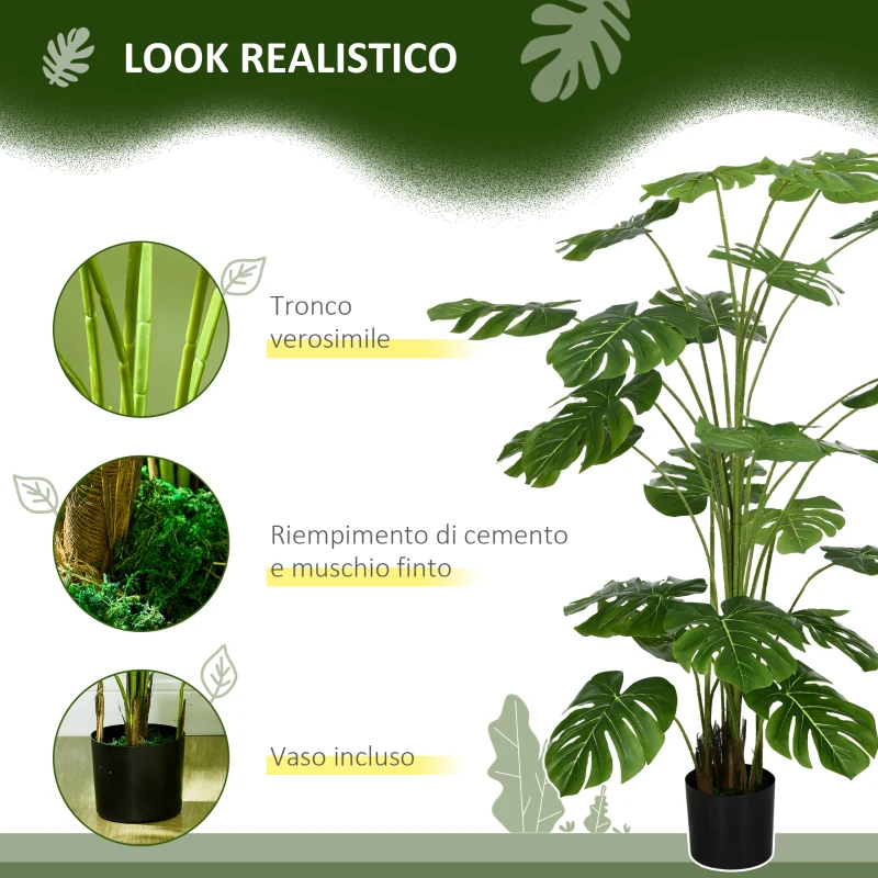 HOMCOM Pianta Artificiale Monstera Alta 180cm per Interno ed Esterno con Vaso Incluso
